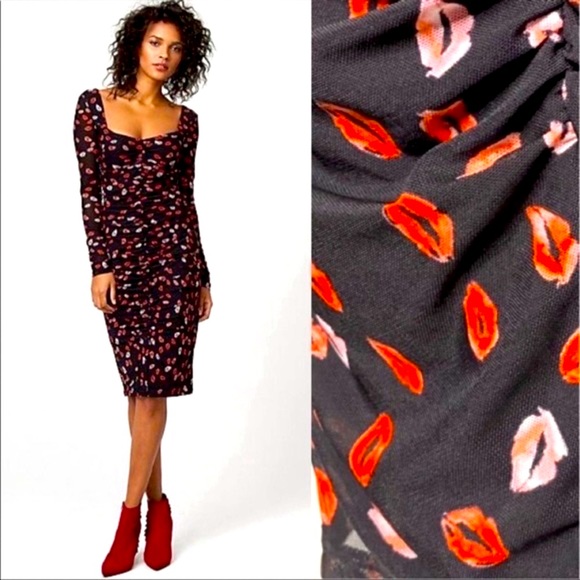 Lip Print Ruched Midi Dress Bardot Style - Picture 1 of 3